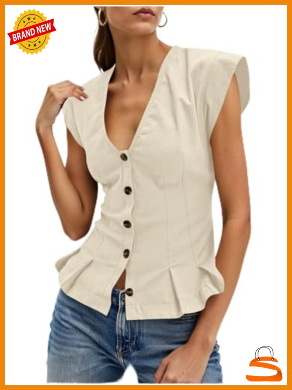 Cotton Deep V Neck Vest Top Cap Sleeve Cropped Ruffle Button Up Fitted Blouse